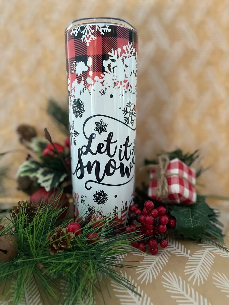 Let it Snow Red Buffalo Plaid 20 oz Tumbler | Christmas Tumbler | Coffee Tumbler image 3