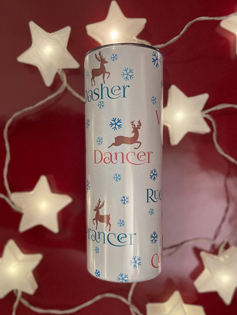 Reindeer 20 oz Tumbler | Shimmer | Dasher, Dancer, Prancer, Vixen, Rudolph image 2