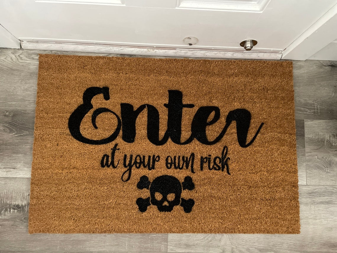 Enter at your own risk doormat | Welcome Mat | Skull and cross bones Door Mat image 0