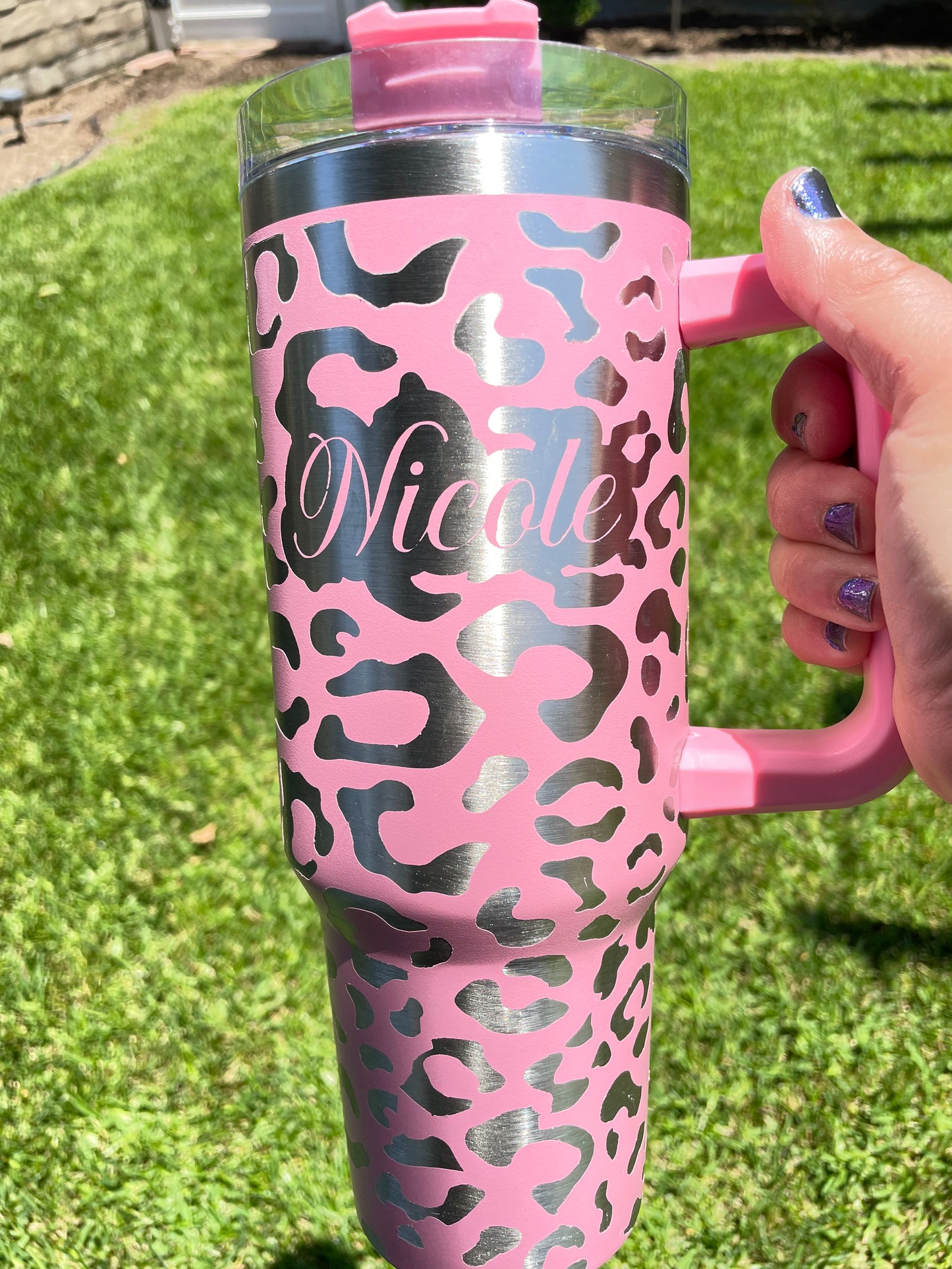 Engraved Leopard Cheetah Stanley Dupe 40oz tumbler, Personalized with name image 2