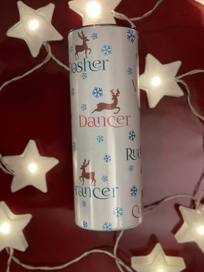 Reindeer 20 oz Tumbler | Shimmer | Dasher, Dancer, Prancer, Vixen, Rudolph image 3