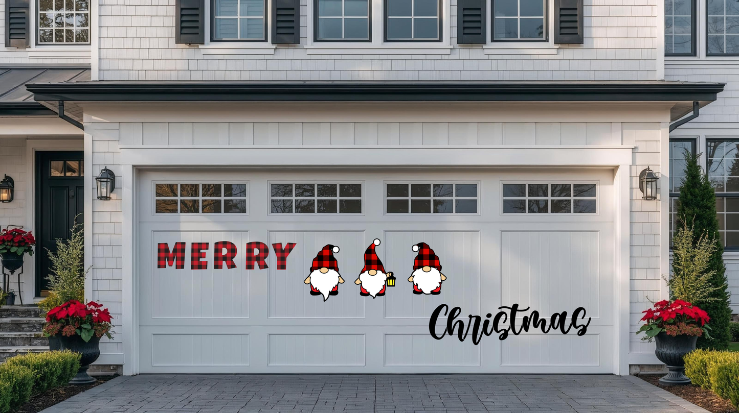 Large Merry Christmas Gnomes Magnets Reusable | Red Plaid | Script