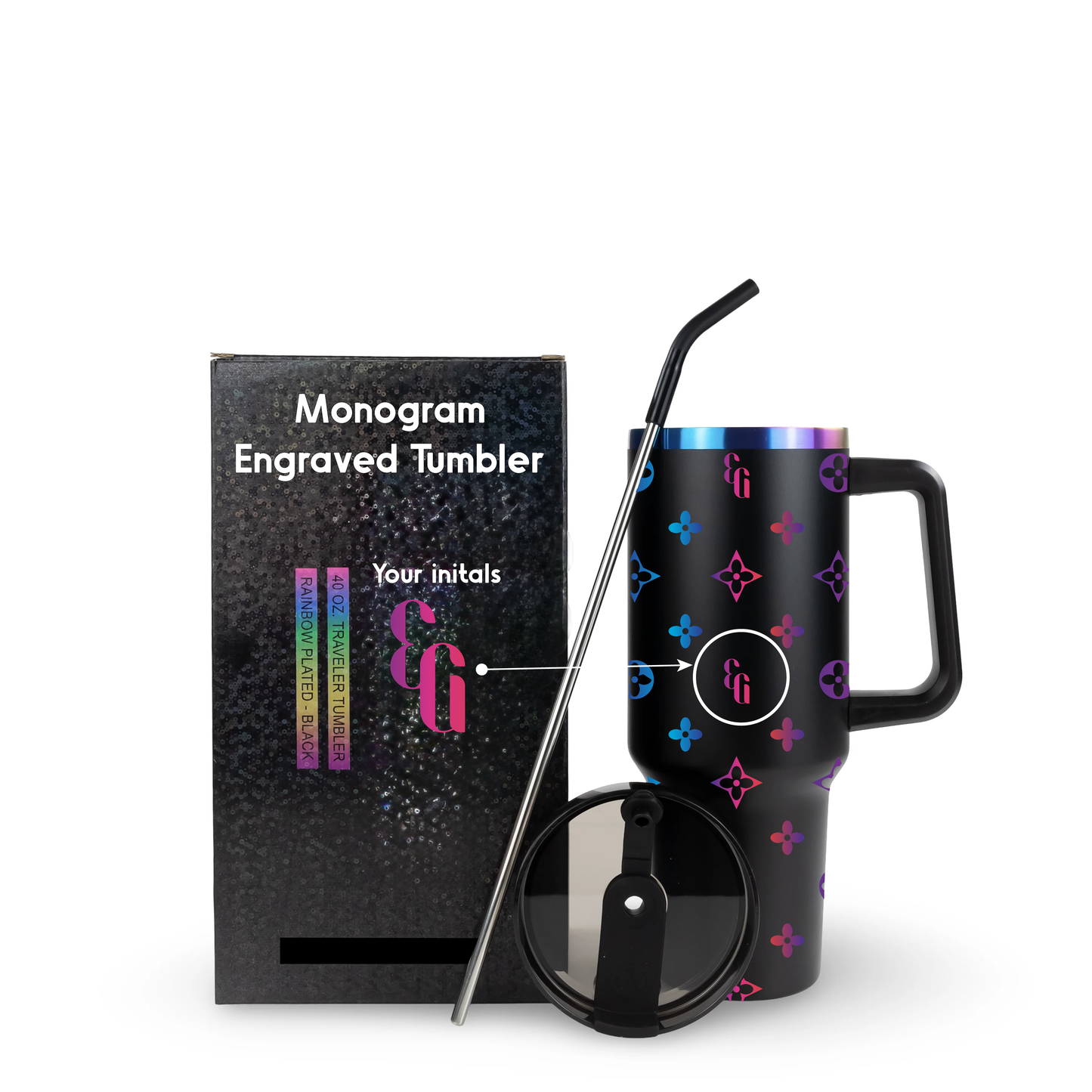 Monogram Pattern Engraved Tumbler: Personalized 40 oz Stainless Steel Cup