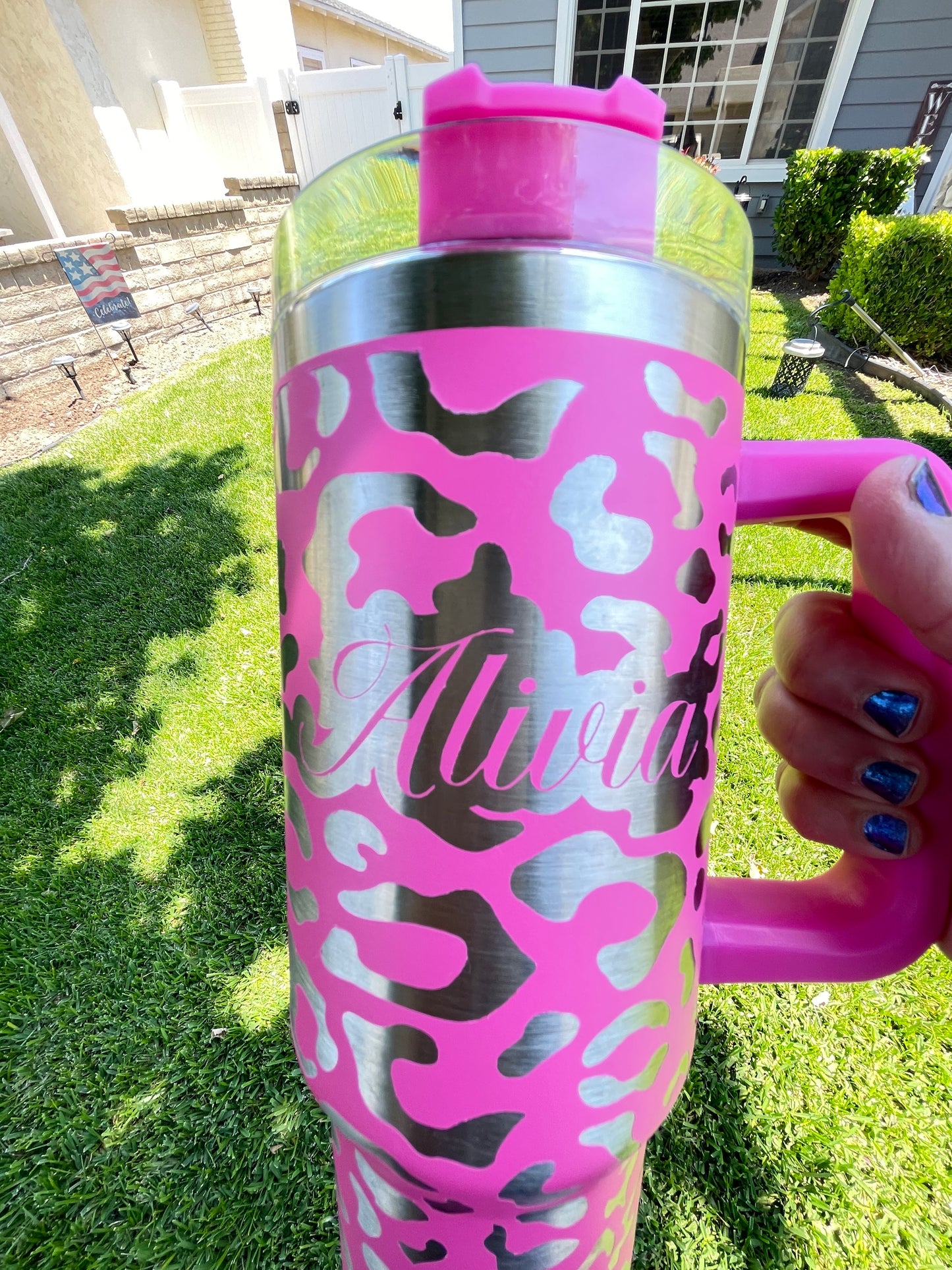 Engraved Leopard Cheetah Stanley Dupe 40oz tumbler, Personalized with name image 1