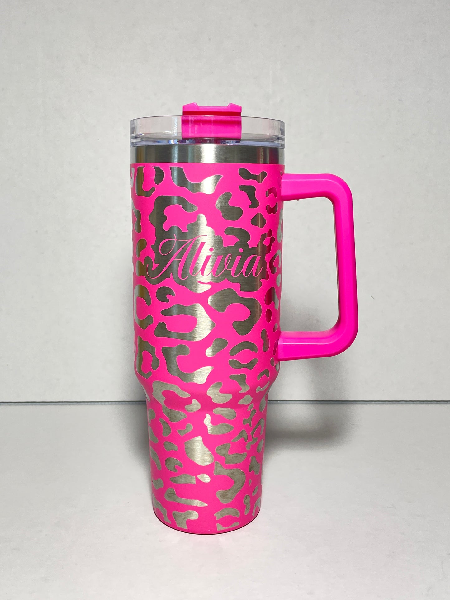 Engraved Leopard Cheetah Stanley Dupe 40oz tumbler, Personalized with name image 0