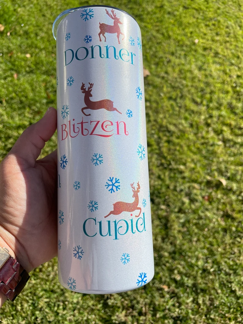 Reindeer 20 oz Tumbler | Shimmer | Dasher, Dancer, Prancer, Vixen, Rudolph image 5