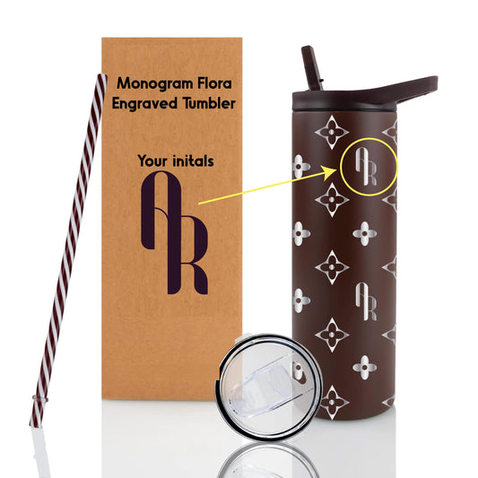 Monogram Pattern Engraved Tumbler: Personalized 20 ounce Stainless Steel Cup