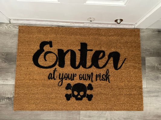 Enter at your own risk doormat | Welcome Mat | Skull and cross bones Door Mat image 0