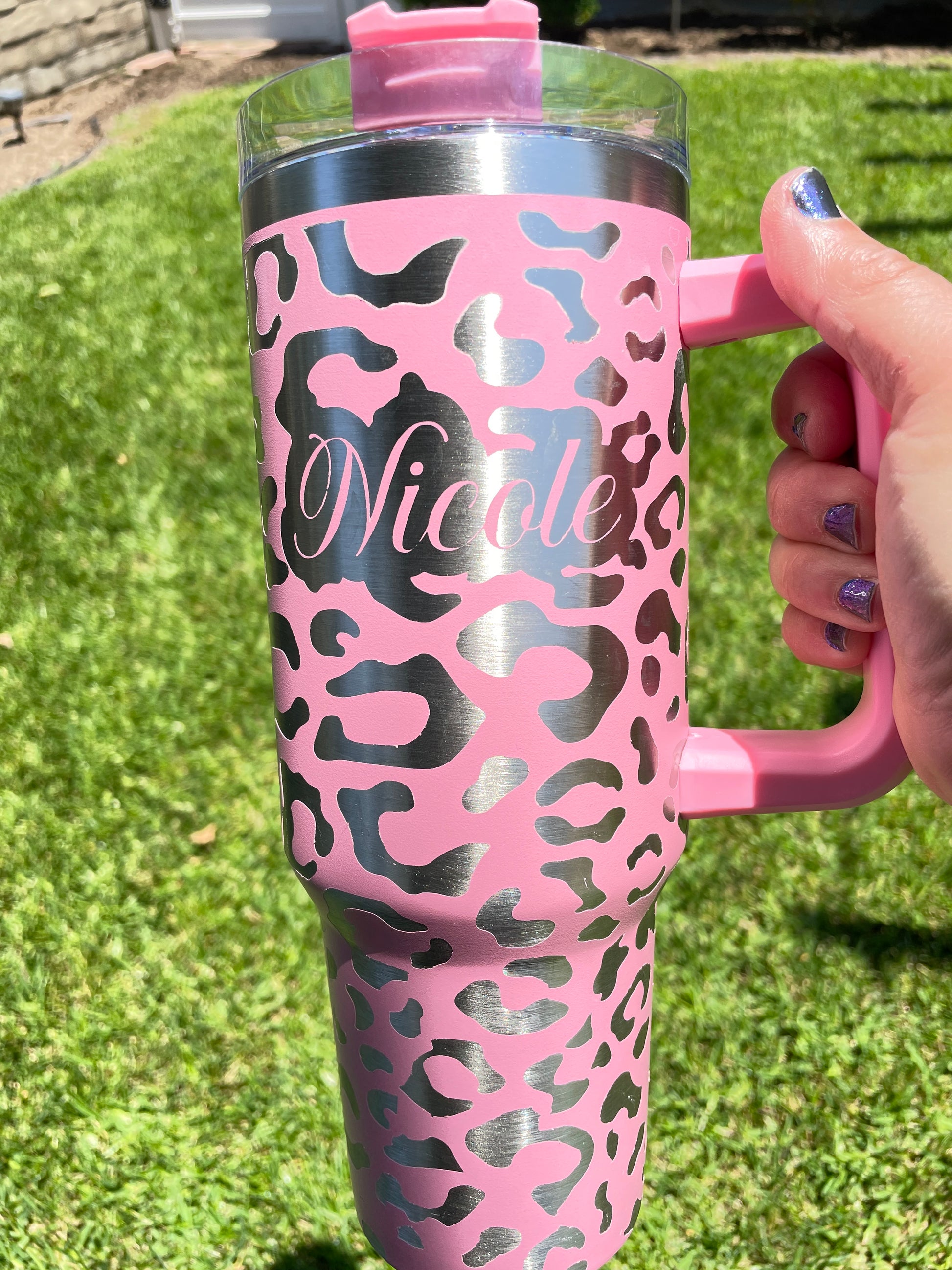 Engraved Leopard Cheetah Stanley Dupe 40oz tumbler, Personalized with name image 2