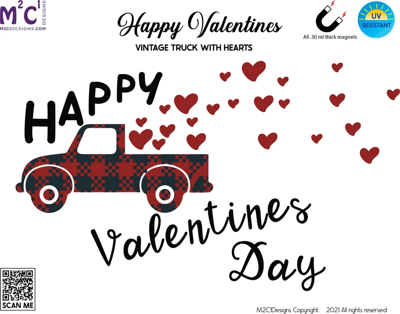 Vintage Truck full of Hearts Happy Valentines | UV Vinyl Valentine Magnets image 1