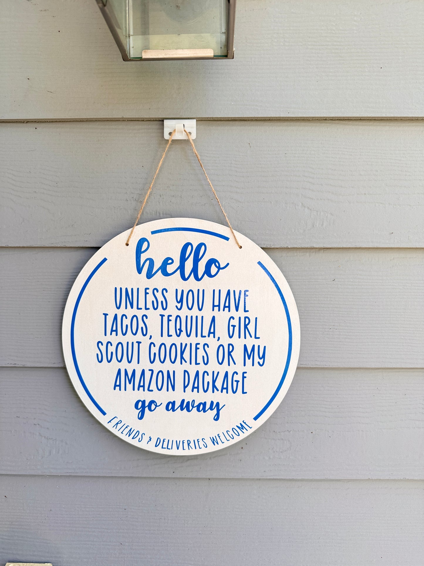 Humorous 12" No Soliciting Wood Sign: Friends & Deliveries Welcome