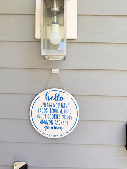 Humorous 12" No Soliciting Wood Sign: Friends & Deliveries Welcome