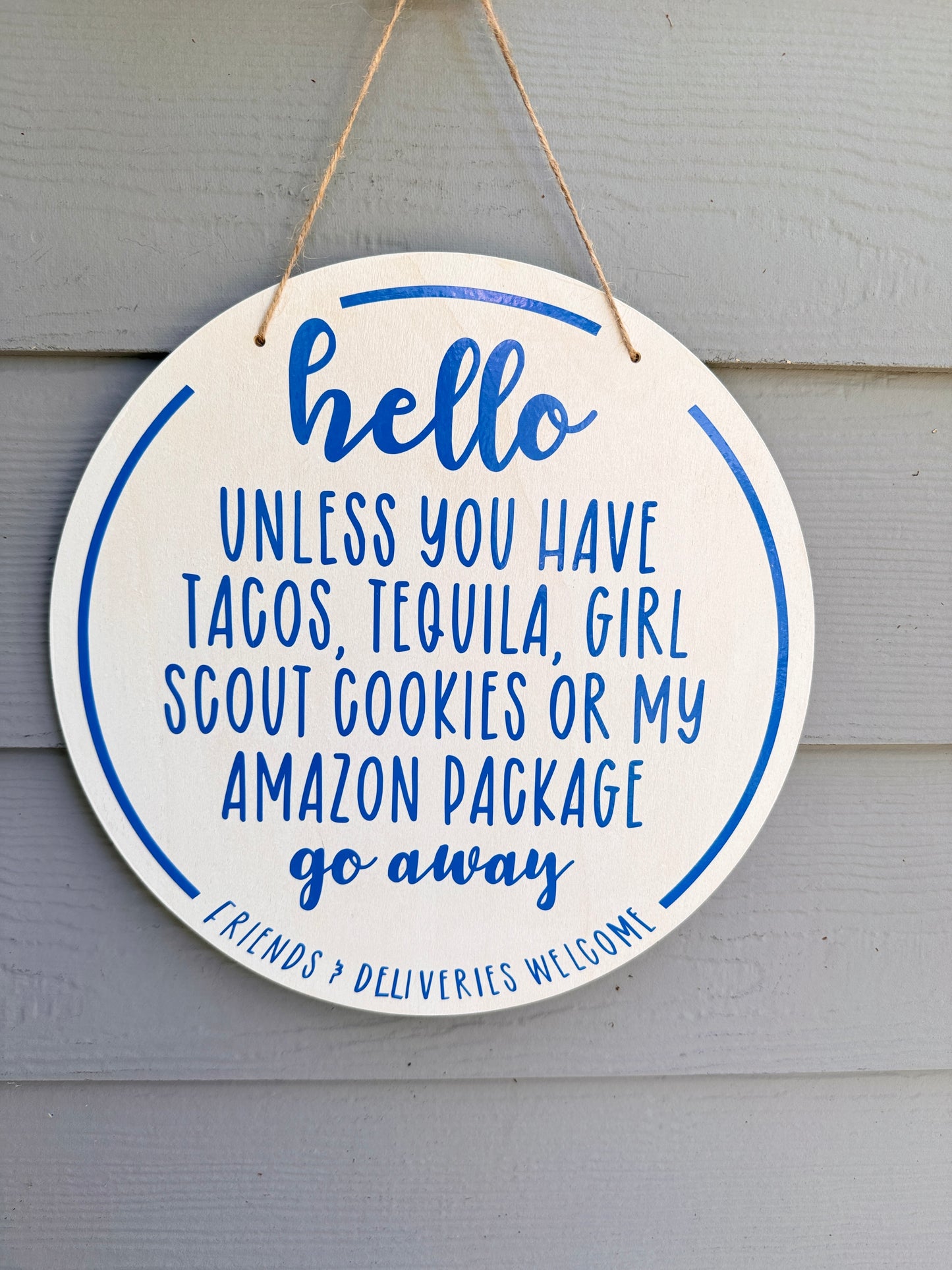 Humorous 12" No Soliciting Wood Sign: Friends & Deliveries Welcome