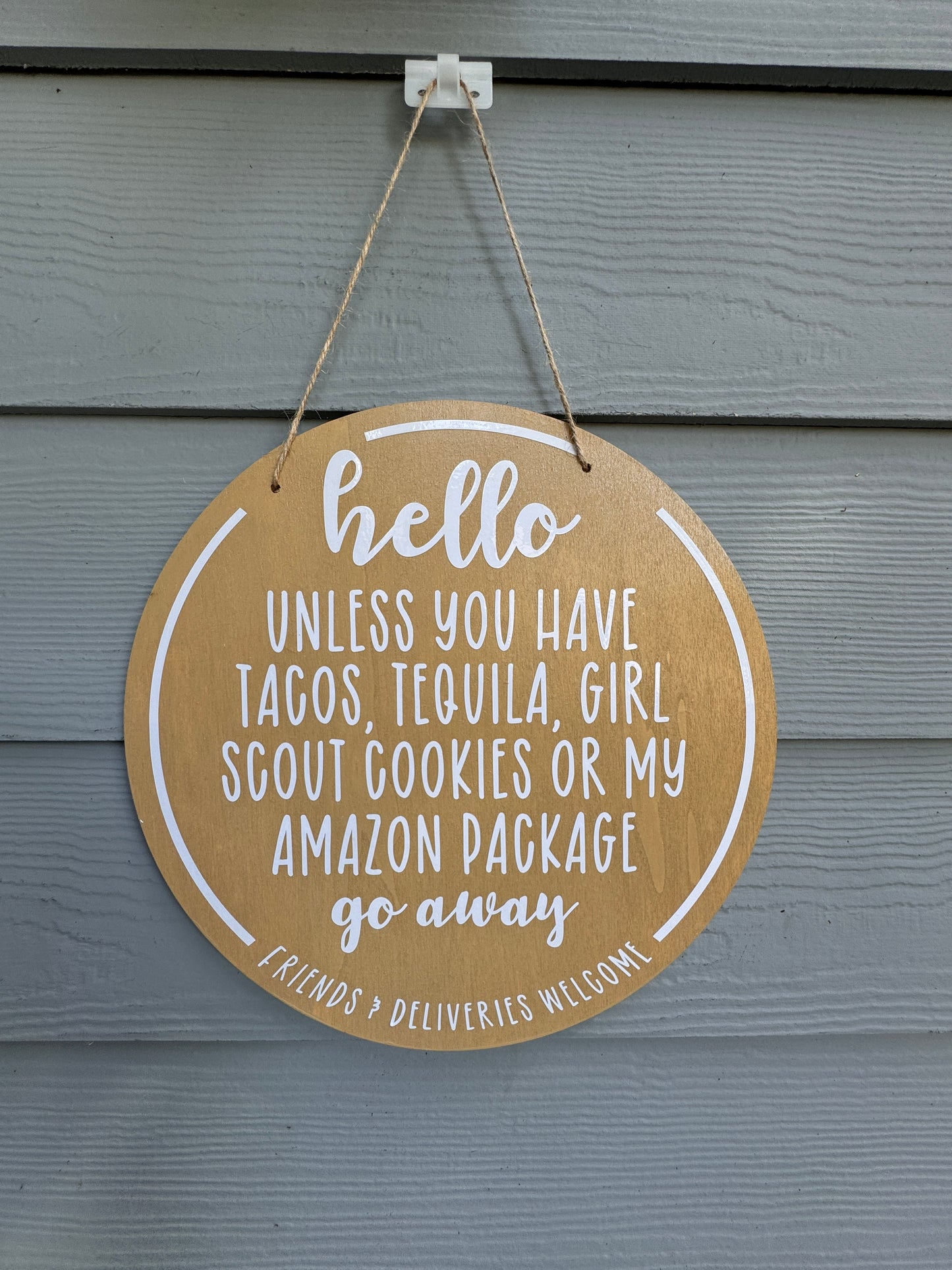 Humorous 12" No Soliciting Wood Sign: Friends & Deliveries Welcome