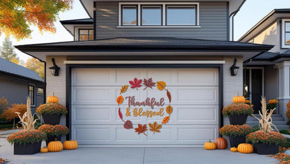 "Thankful & Blessed" fall leaf wreath magnet on a white garage door, with pumpkins and mums in front