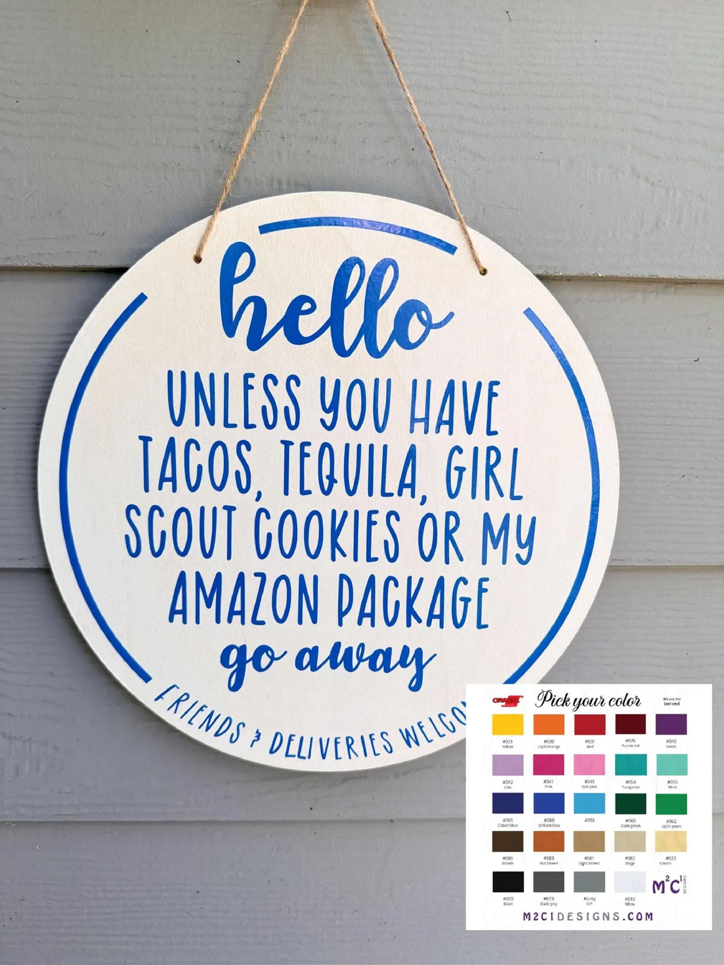 Humorous 12" No Soliciting Wood Sign: Friends & Deliveries Welcome