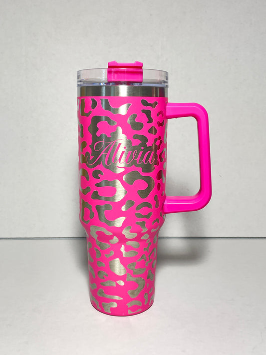Engraved Leopard Cheetah Stanley Dupe 40oz tumbler, Personalized with name image 0