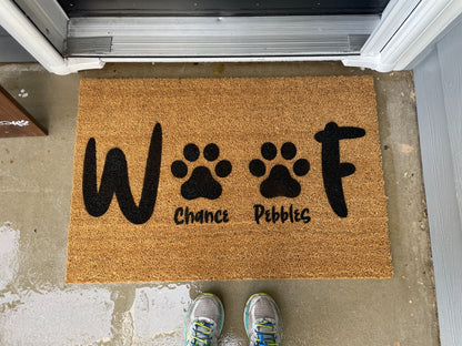 Personalized Woof Mat | Welcome Mat | Dog mom Door Mat image 1