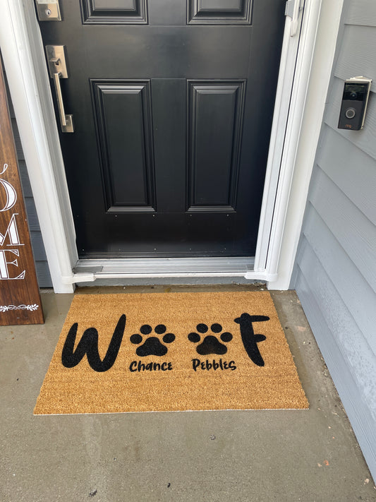 Personalized Woof Mat | Welcome Mat | Dog mom Door Mat image 0