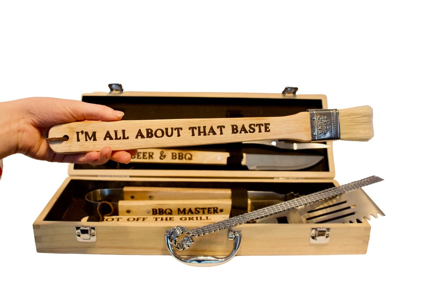 Personalized BBQ Grill Set: Rubberwood Case, Grilling Tools