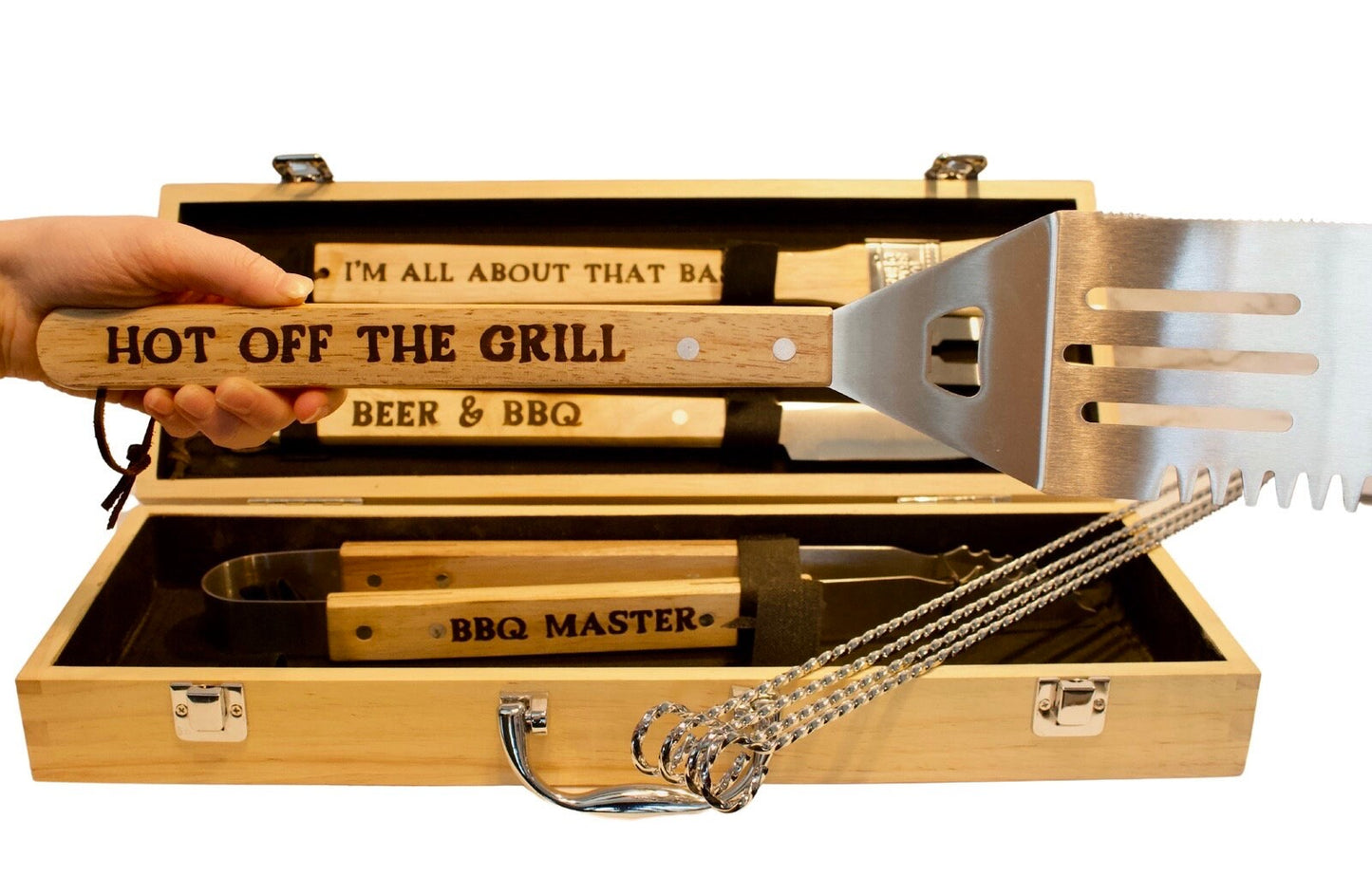 Personalized BBQ Grill Set: Rubberwood Case, Grilling Tools
