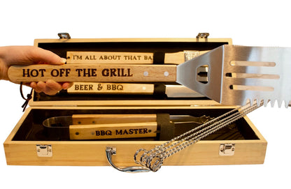 Personalized BBQ Grill Set: Rubberwood Case, Grilling Tools
