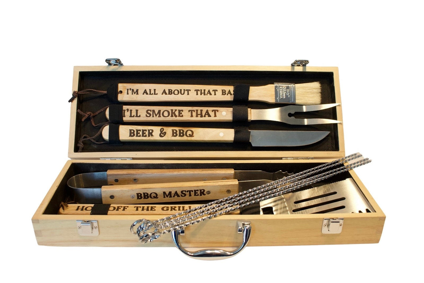 Personalized BBQ Grill Set: Rubberwood Case, Grilling Tools