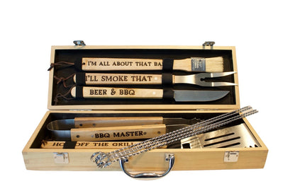 Personalized BBQ Grill Set: Rubberwood Case, Grilling Tools