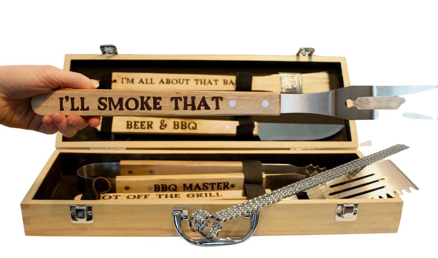 Personalized BBQ Grill Set: Rubberwood Case, Grilling Tools