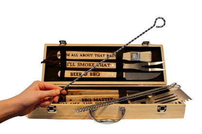 Personalized BBQ Grill Set: Rubberwood Case, Grilling Tools