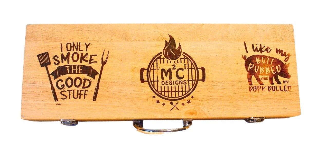 Personalized BBQ Grill Set: Rubberwood Case, Grilling Tools