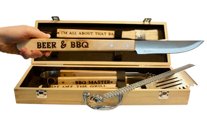 Personalized BBQ Grill Set: Rubberwood Case, Grilling Tools