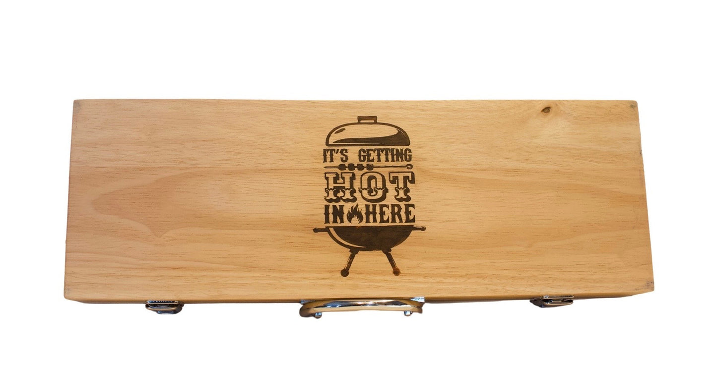 Personalized BBQ Grill Set: Rubberwood Case, Grilling Tools