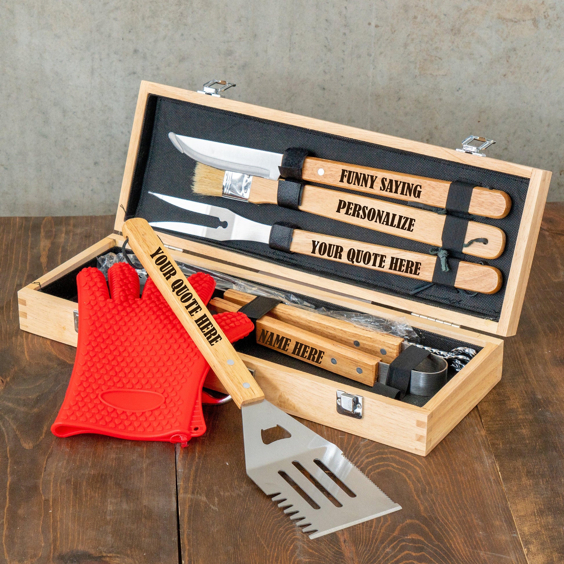 Personalized BBQ Grill Set: Rubberwood Case, Grilling Tools