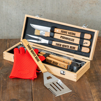 Personalized BBQ Grill Set: Rubberwood Case, Grilling Tools