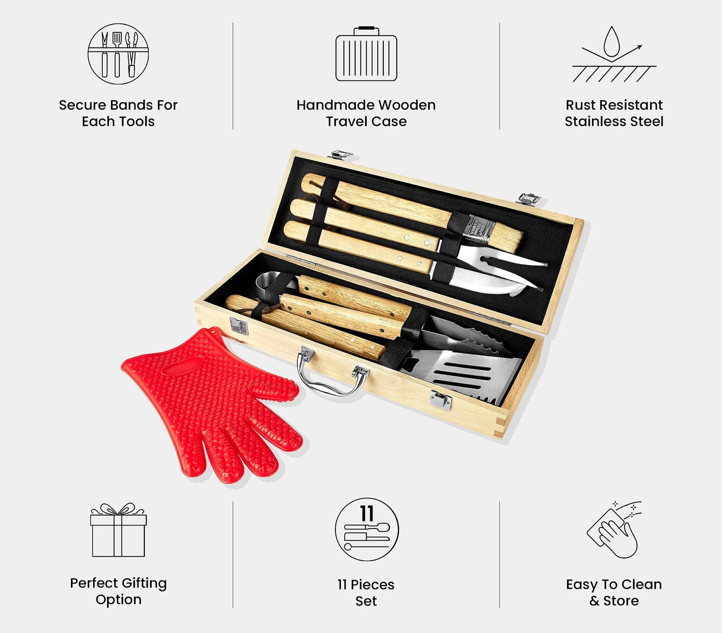 Personalized BBQ Grill Set: Rubberwood Case, Grilling Tools