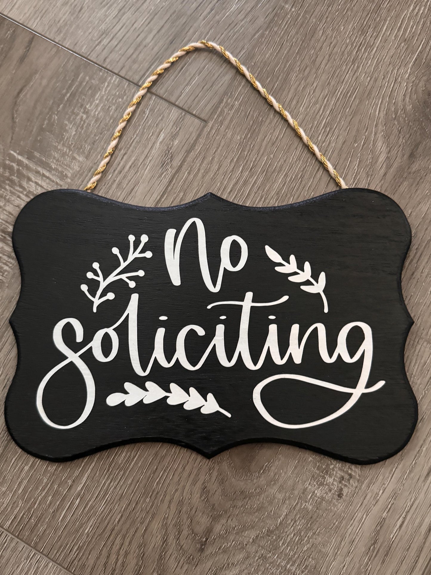 Handcrafted No Soliciting Sign with Script Text and Leaf Accents
