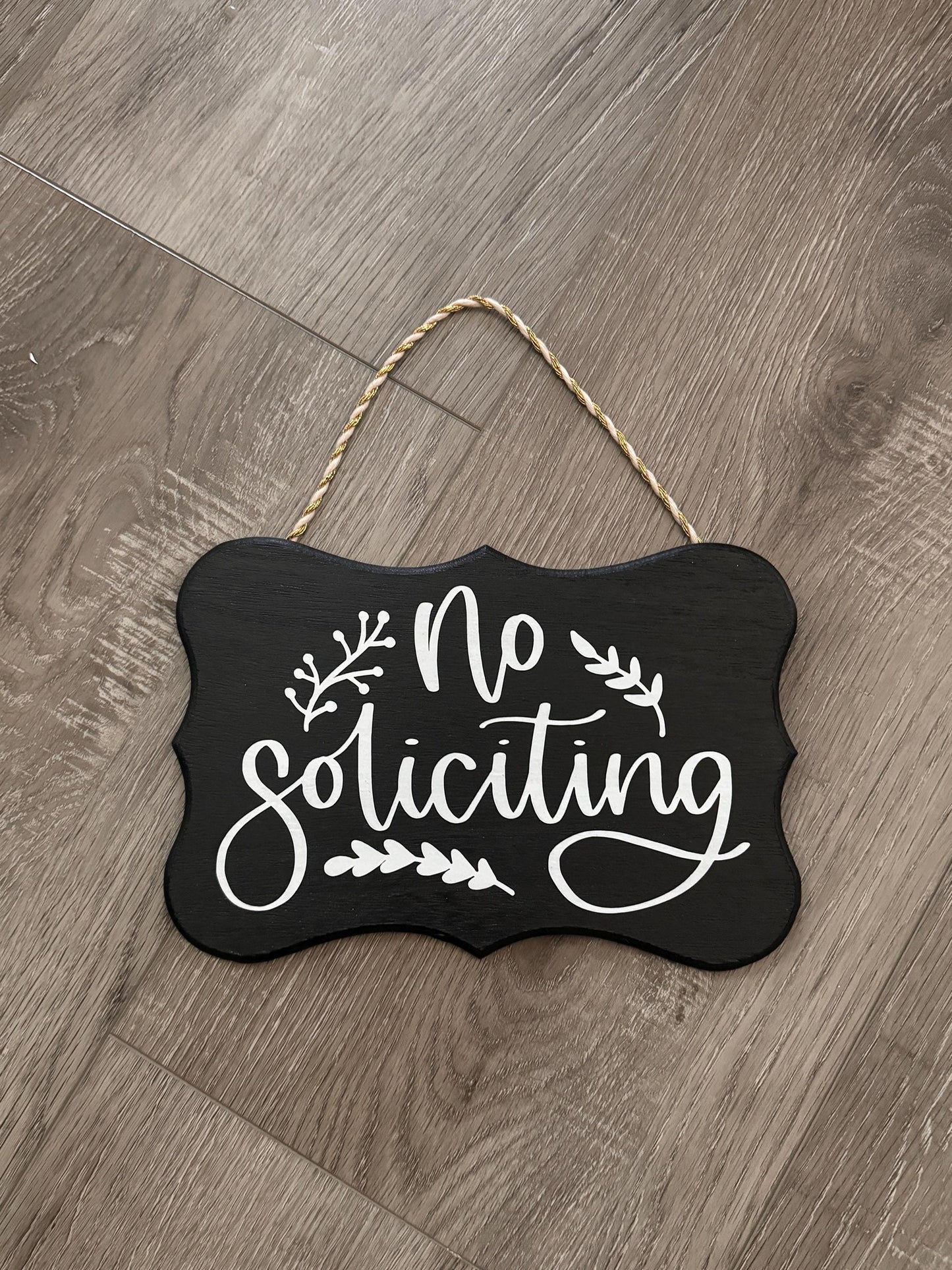 Handcrafted No Soliciting Sign with Script Text and Leaf Accents