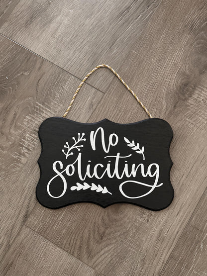 Handcrafted No Soliciting Sign with Script Text and Leaf Accents