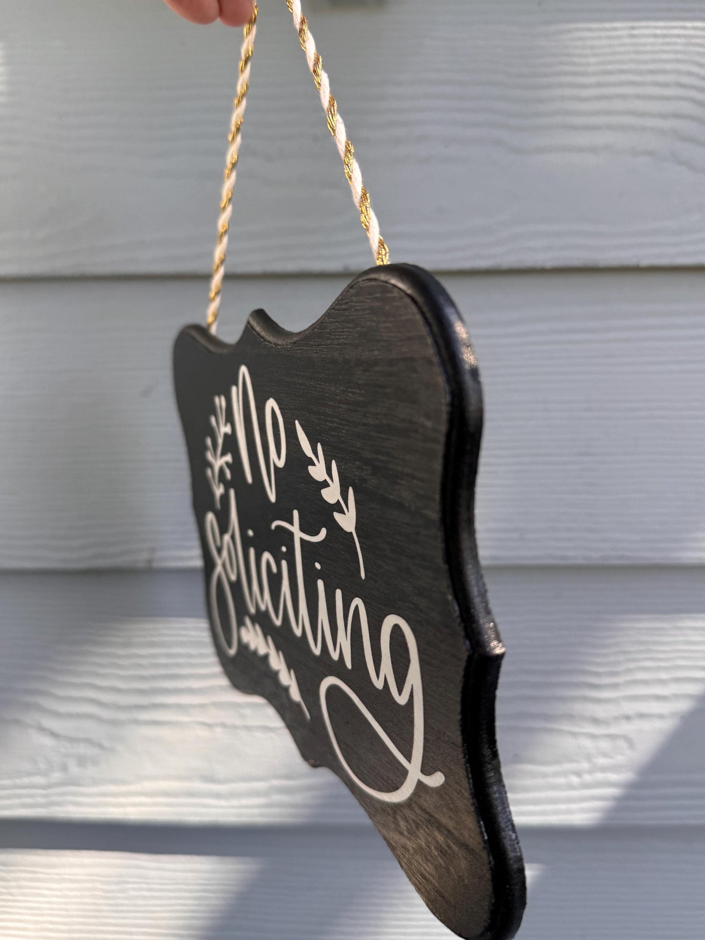 Handcrafted No Soliciting Sign with Script Text and Leaf Accents