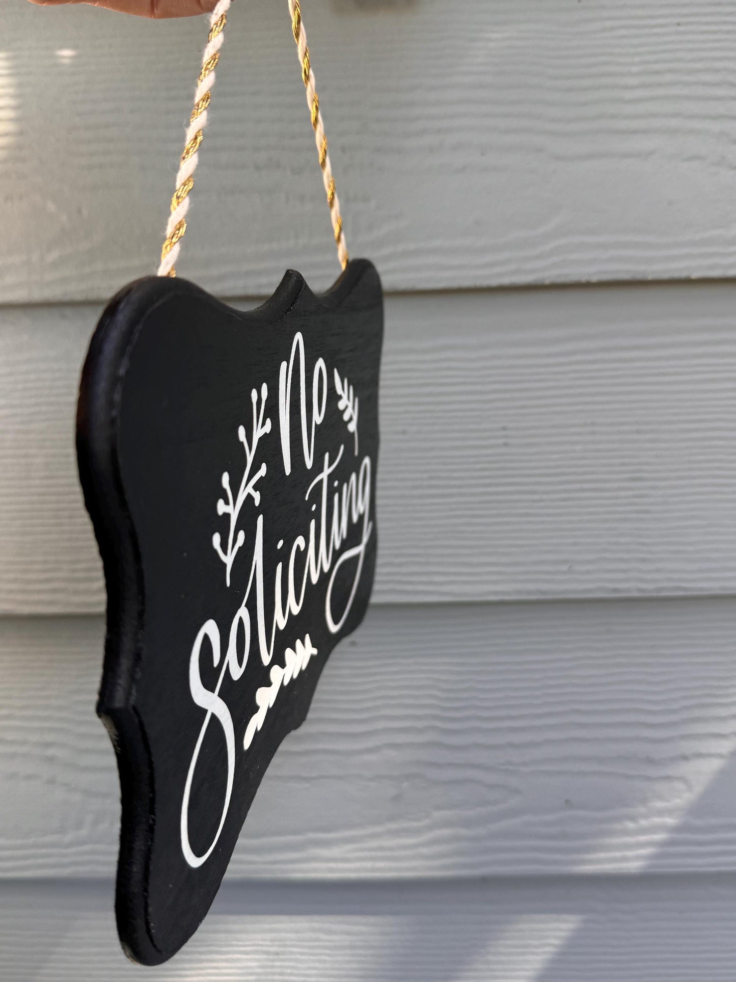 Handcrafted No Soliciting Sign with Script Text and Leaf Accents