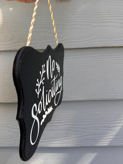 Handcrafted No Soliciting Sign with Script Text and Leaf Accents