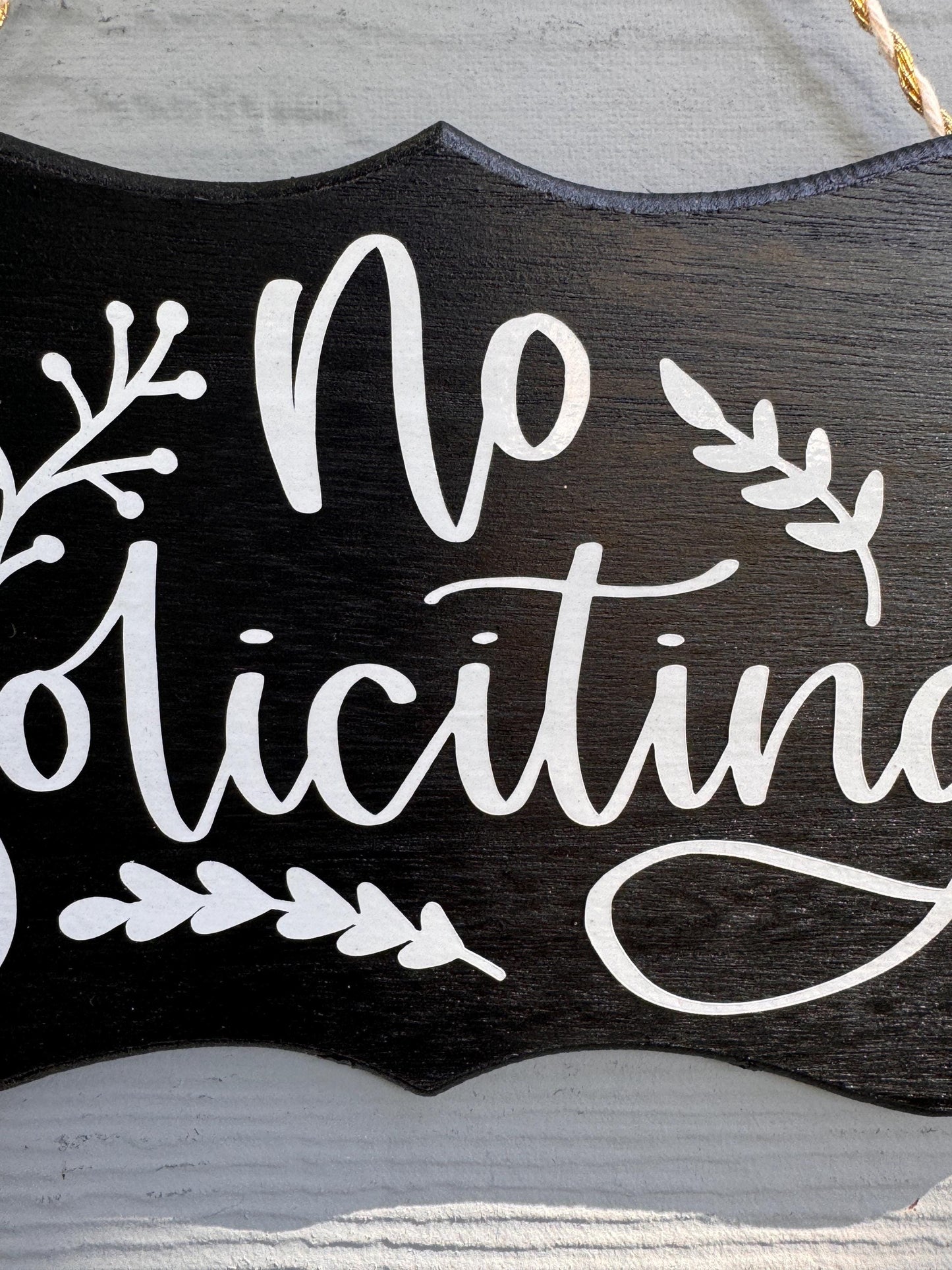 Handcrafted No Soliciting Sign with Script Text and Leaf Accents