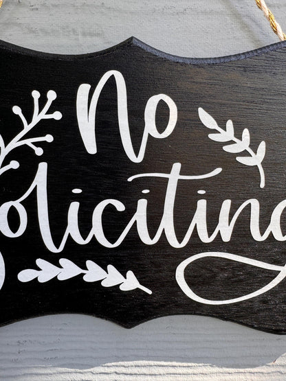 Handcrafted No Soliciting Sign with Script Text and Leaf Accents