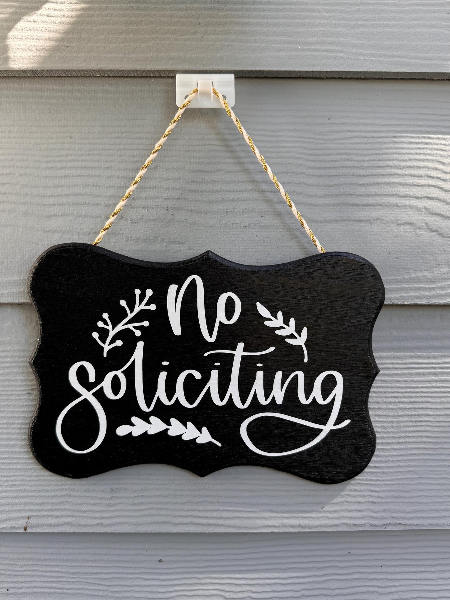 Handcrafted No Soliciting Sign with Script Text and Leaf Accents