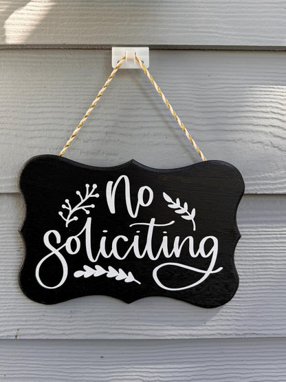 Handcrafted No Soliciting Sign with Script Text and Leaf Accents