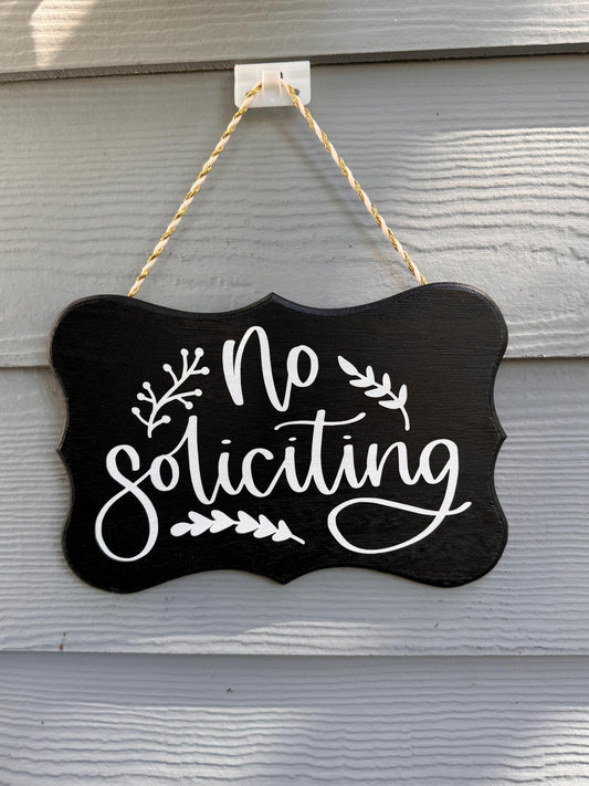 Handcrafted No Soliciting Sign with Script Text and Leaf Accents