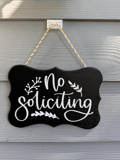 Handcrafted No Soliciting Sign with Script Text and Leaf Accents