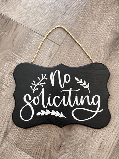 Handcrafted No Soliciting Sign with Script Text and Leaf Accents