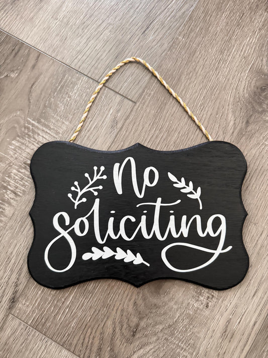 Handcrafted No Soliciting Sign with Script Text and Leaf Accents
